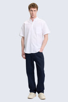 Comfort fit white short sleeve cotton casual shirt with classic collar and chest pocket for everyday wear