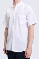 Comfort fit white short sleeve cotton casual shirt with subtle textured weave and single chest pocket