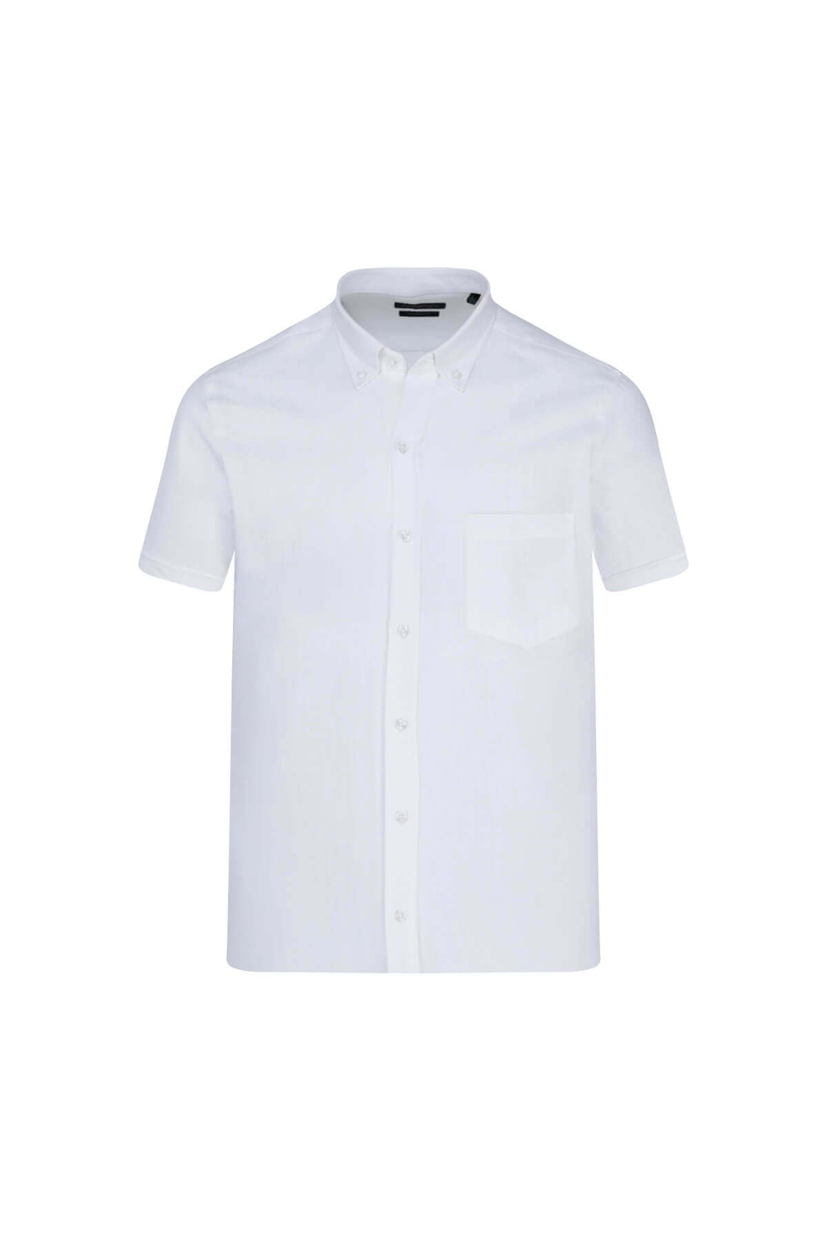 White short-sleeved button-down shirt with a classic collar and chest pocket.
