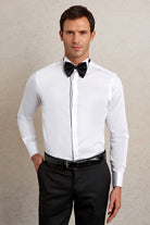 White dress shirt with black trim along the placket and cuffs, paired with a matching black bow tie.