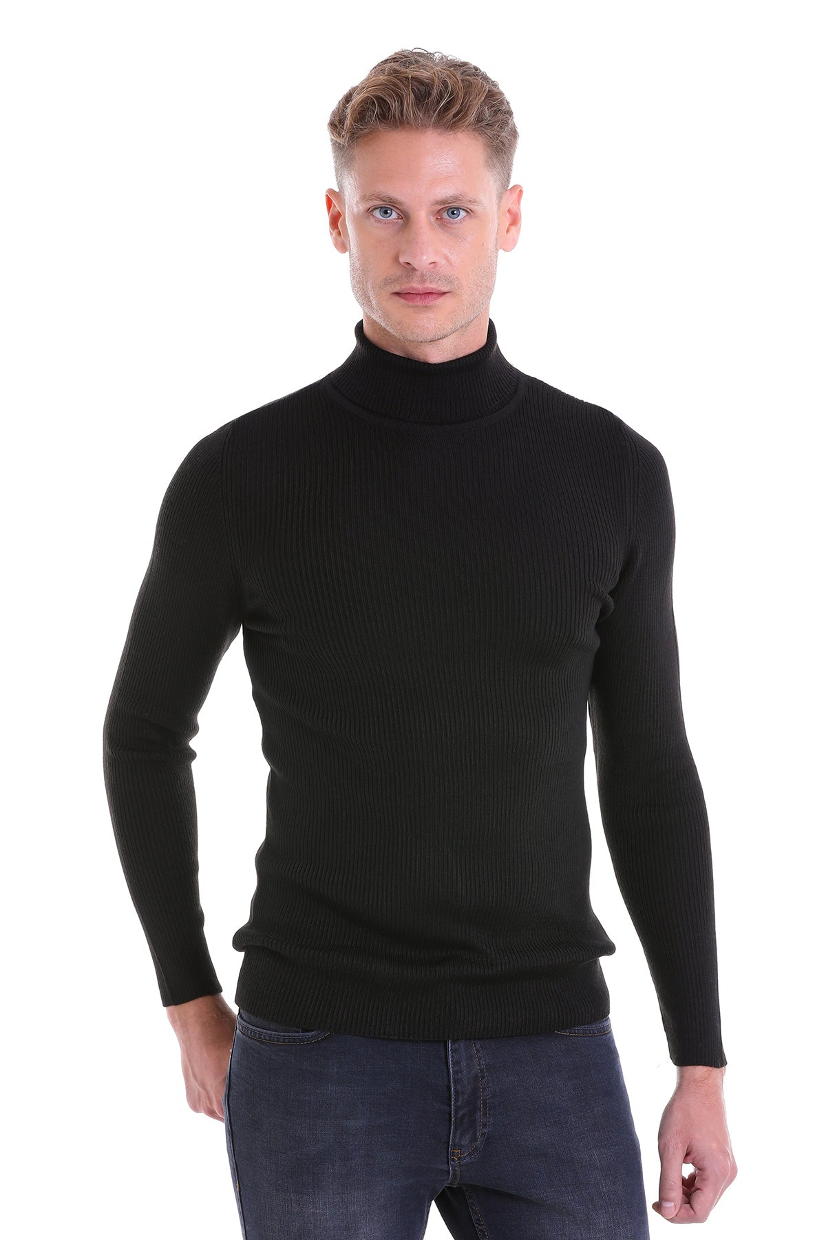 Black ribbed turtleneck sweater.