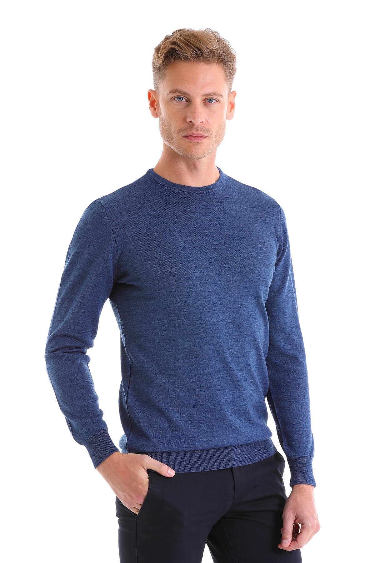 A men’s navy blue crewneck sweater with a subtle heathered texture and ribbed cuffs.