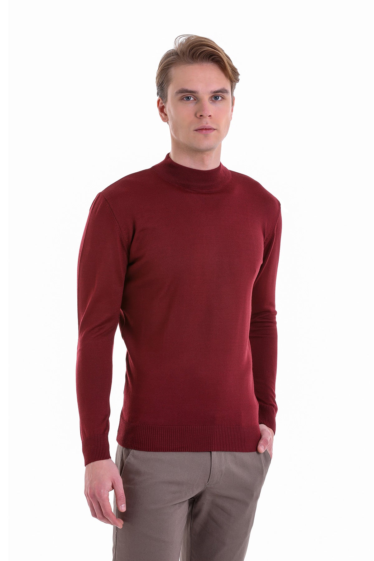 A rich burgundy turtleneck sweater with a smooth, fitted knit texture and ribbed cuffs.