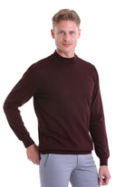 A sleek, dark burgundy turtleneck sweater with a smooth knit texture and ribbed cuffs.