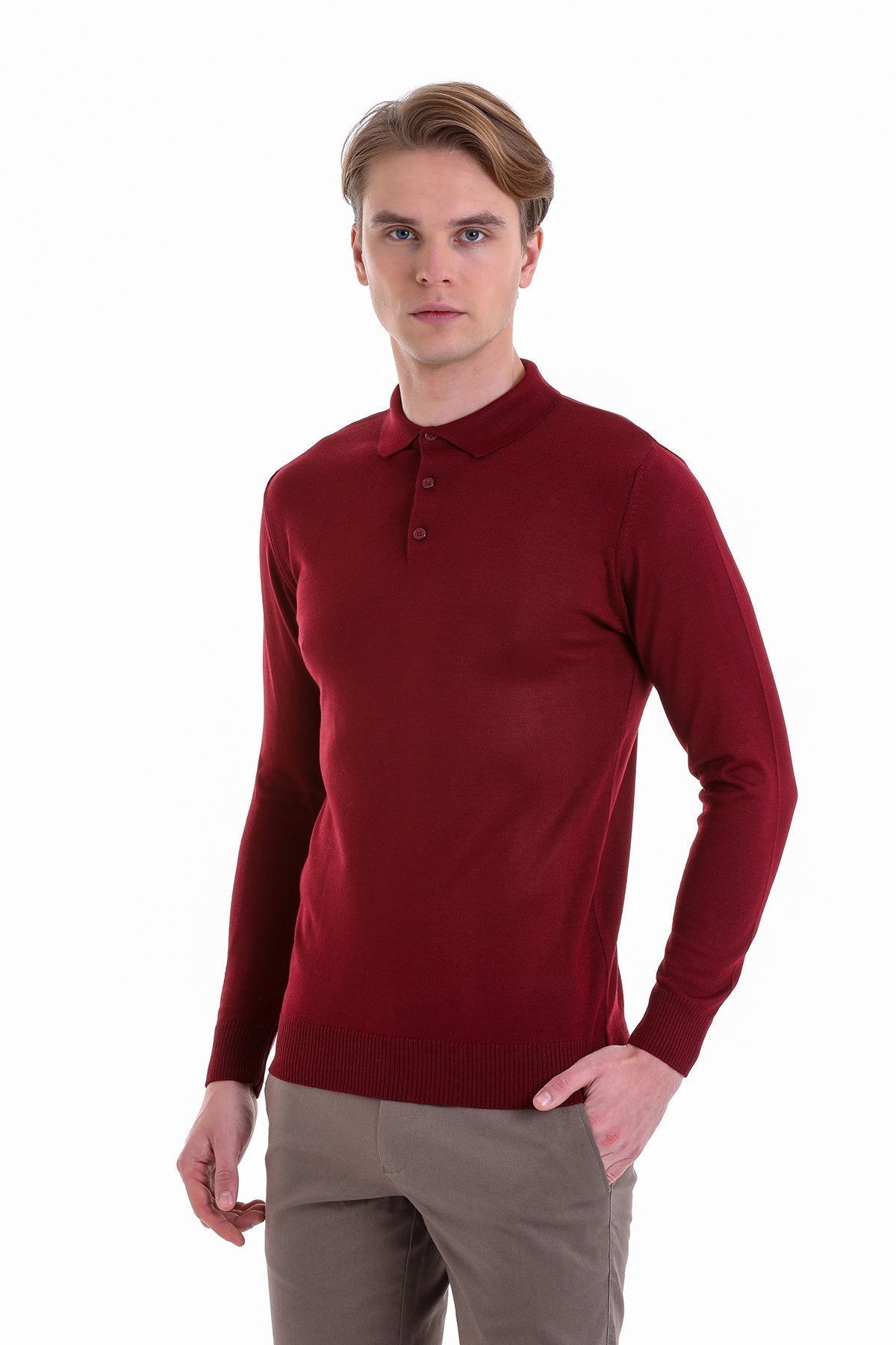 A rich burgundy long-sleeved knit polo shirt with a classic collar and buttoned placket.
