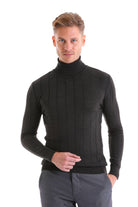 Black ribbed turtleneck sweater with a textured, vertical cable-knit pattern.