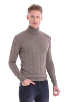 A men’s taupe ribbed knit turtleneck sweater with a textured vertical stripe pattern.