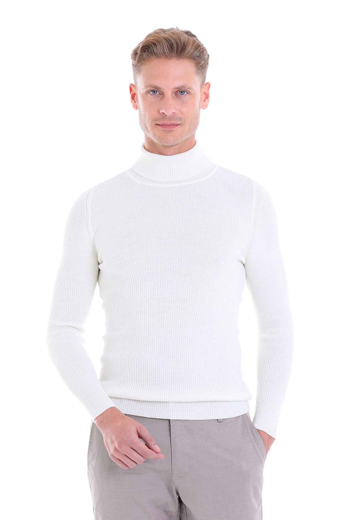 White ribbed turtleneck sweater.