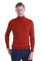 A rich red ribbed knit turtleneck sweater.