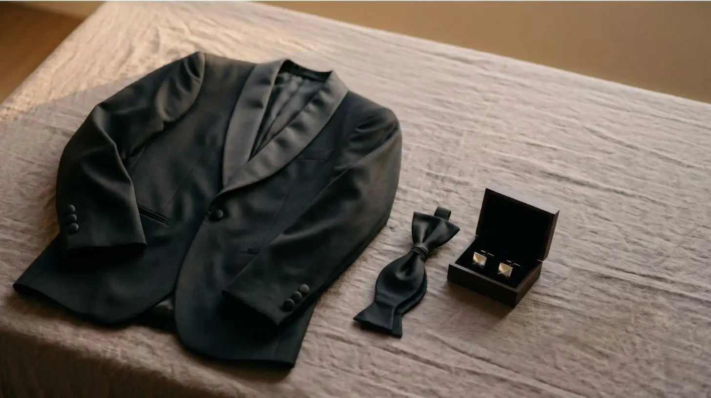 Black tuxedo jacket with a detachable satin shawl lapel laid beside a self-tie bow tie and cufflinks, warm side light, no model