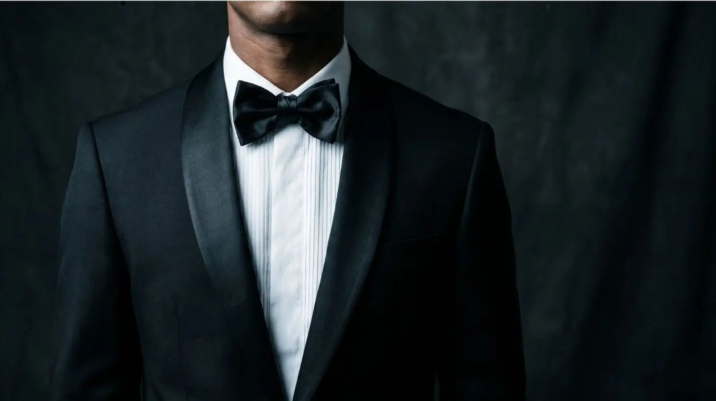 Black convertible tuxedo with satin shawl lapel on a male model, straight on, cropped chest up, low-key lighting against deep charcoal, no face