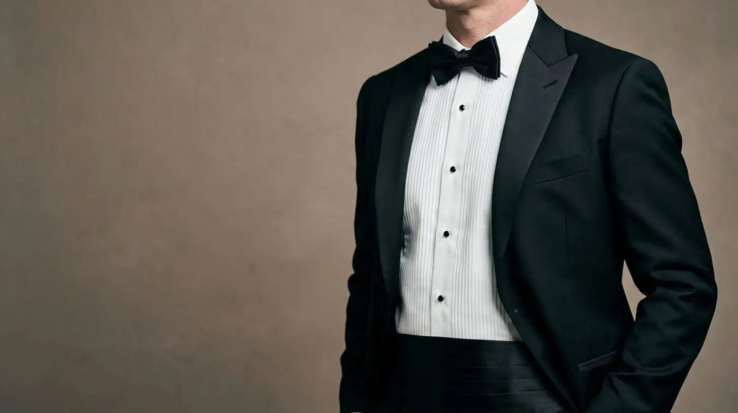 Black tuxedo on a male model in a three-quarter turn, cropped waist-up, cool editorial light against a soft taupe backdrop, no face