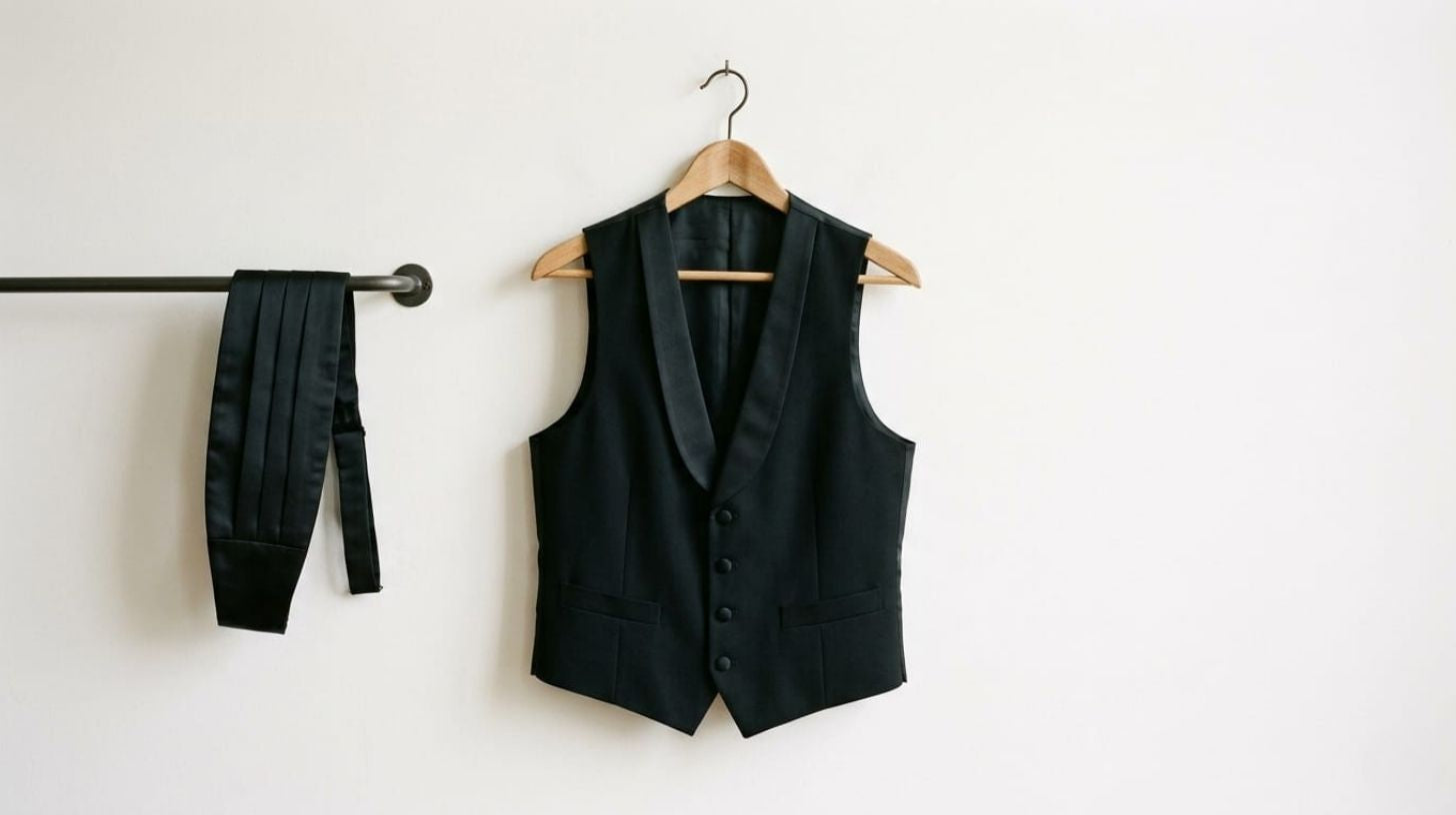 A black satin cummerbund and a low-cut black tuxedo waistcoat laid side by side on an off-white surface, no model
