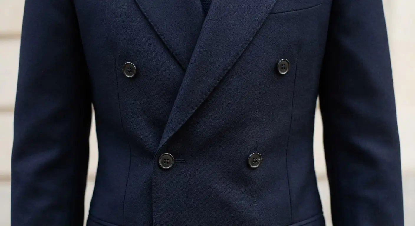 Close-up detail of a navy double breasted suit jacket showing a 6x2 button configuration, peak lapels, and overlapping front panels in a tailored fit.
