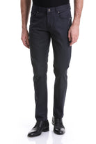 Dark navy blue slim-fit denim jeans with a classic five-pocket design and silver-toned hardware.