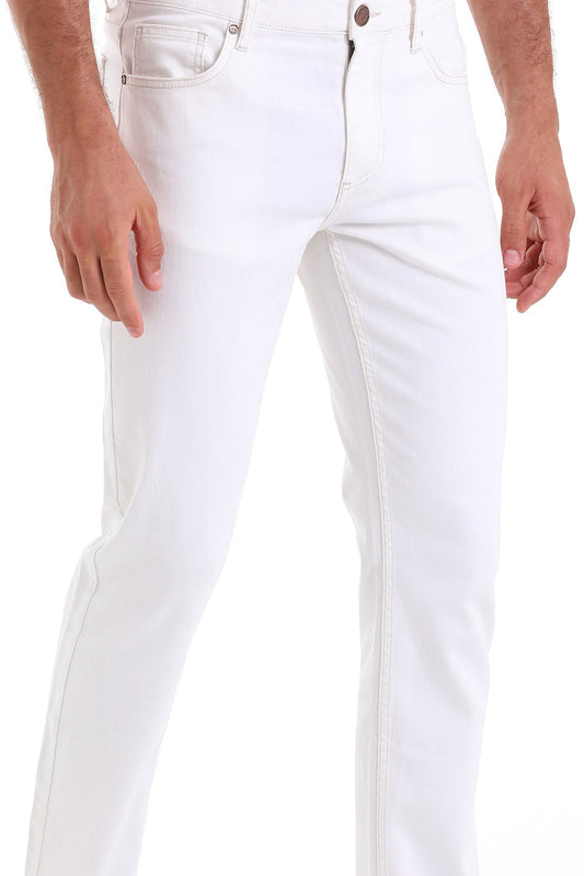 White denim jeans with a slim fit and subtle stitching details.