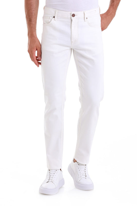White slim-fit denim jeans with a clean, modern cut and subtle stitching details.