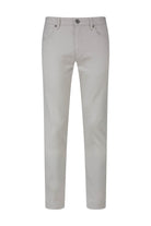 Beige linen-tone dynamic fit chino trousers with five-pocket design and button closure for smart casual wear