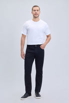 Dynamic fit black cotton gabardine casual pants in slim-fit denim with five-pocket design for smart casual dress