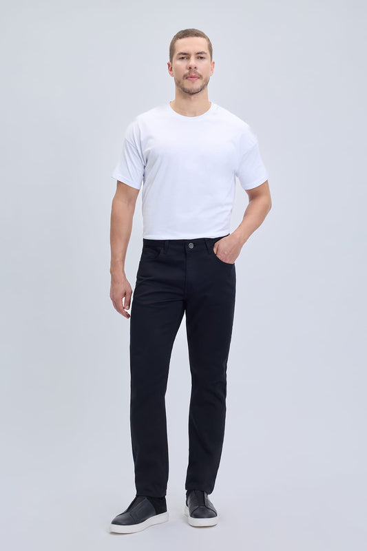 Dynamic fit black cotton gabardine casual pants in slim-fit denim with five-pocket design for smart casual dress