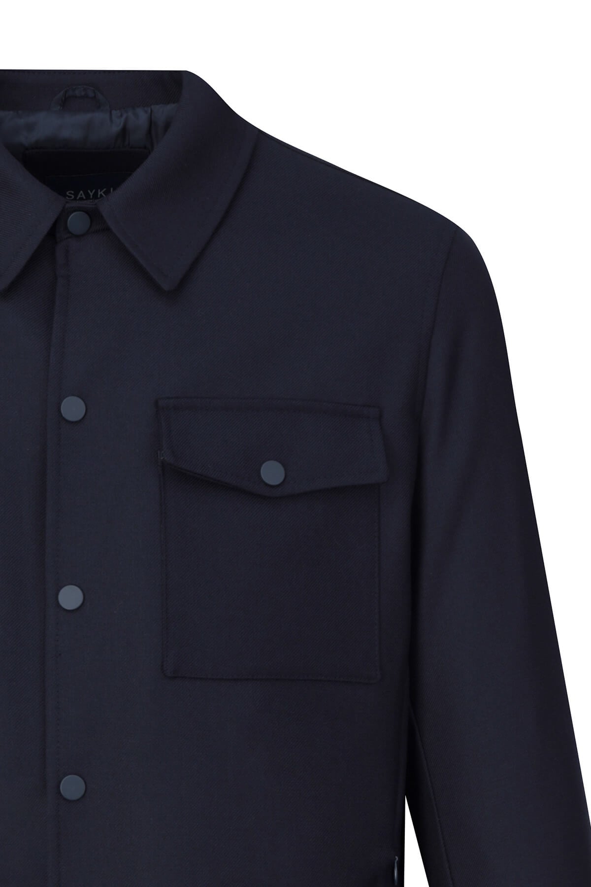 Dark navy blue button-up shirt with a classic collar and matching buttons.