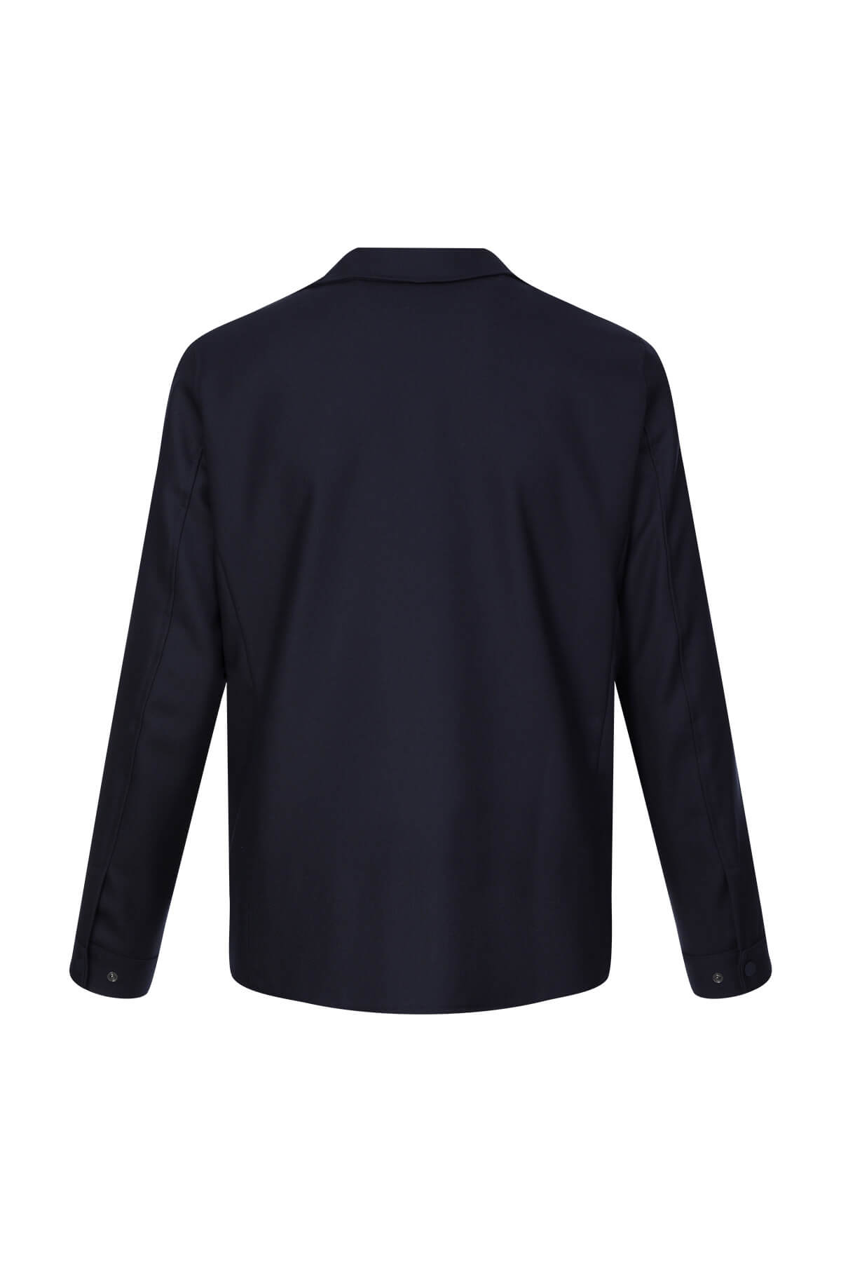 Black long-sleeved men’s shirt with a classic collar and buttoned cuffs.
