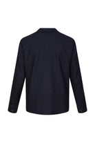Black long-sleeved men’s shirt with a classic collar and buttoned cuffs.