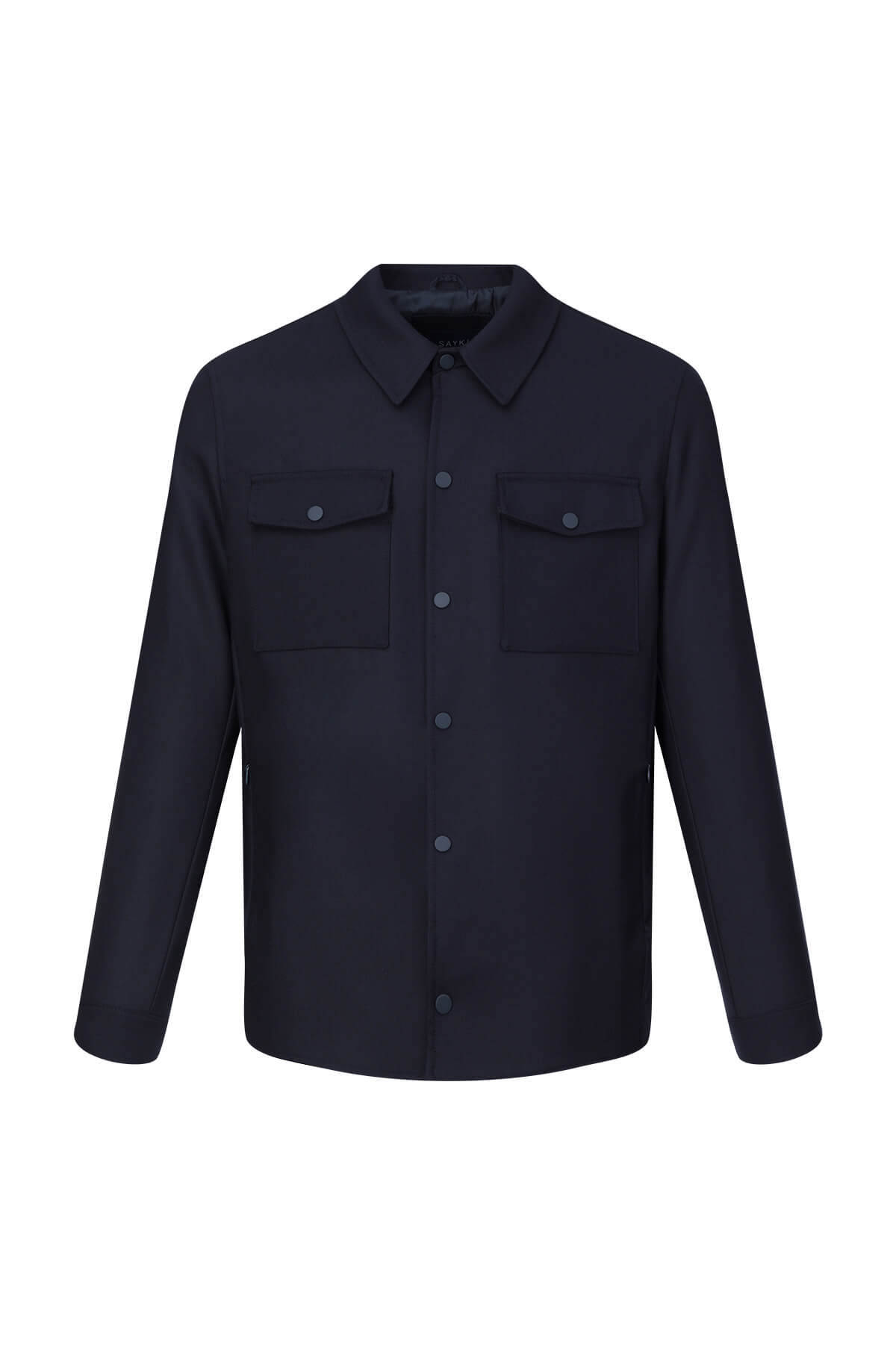 Dark navy blue long-sleeved button-up shirt with two chest pockets and a classic collar.