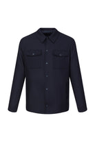 Dark navy blue long-sleeved button-up shirt with two chest pockets and a classic collar.