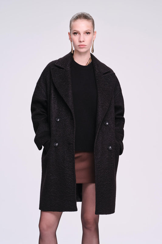 Black textured wool coat with double-breasted front and dark buttons.
