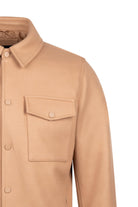 Beige wool-blend dynamic fit shirt jacket with classic shirt collar and front pocket for smart casual wear