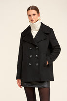 Black double-breasted peacoat with dark buttons and notched lapels.