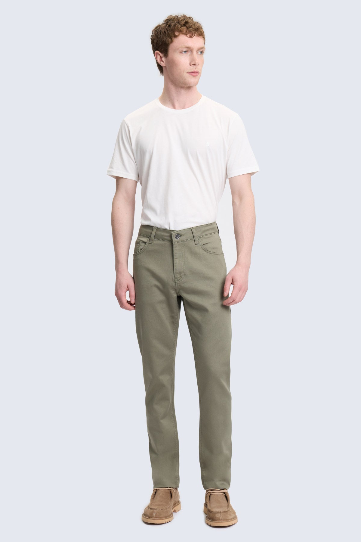 Olive green slim-fit denim jeans made from cotton gabardine offering a dynamic fit for smart casual wear