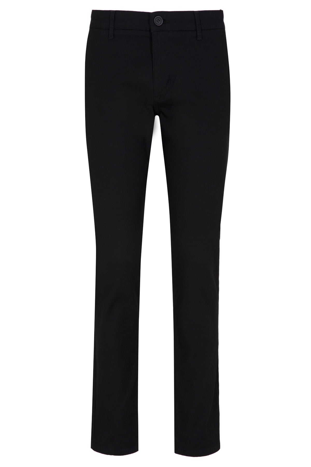 Black straight-leg trousers with a sleek, tailored fit and a single button closure at the waist.