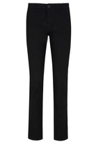 Black straight-leg trousers with a sleek, tailored fit and a single button closure at the waist.