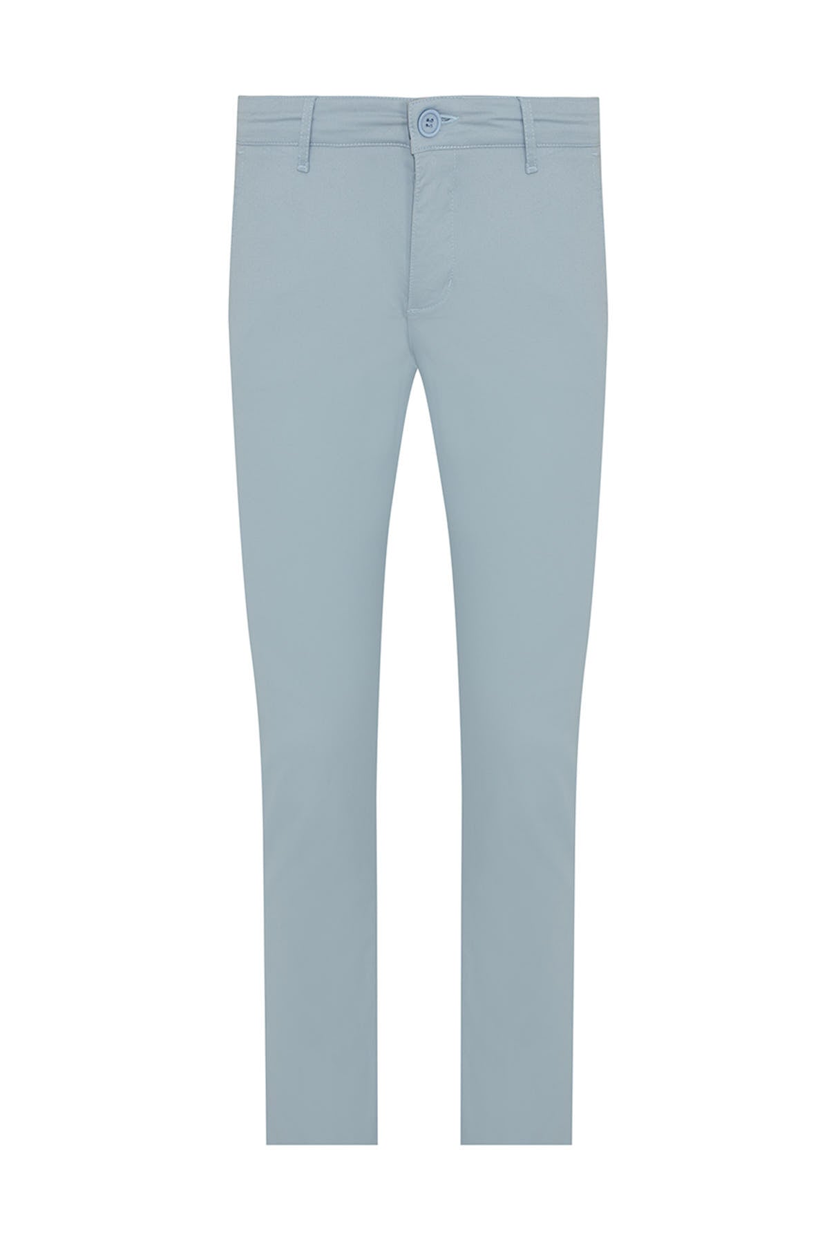 Light blue slim-fit trousers with a subtle texture and a single button closure at the waist.
