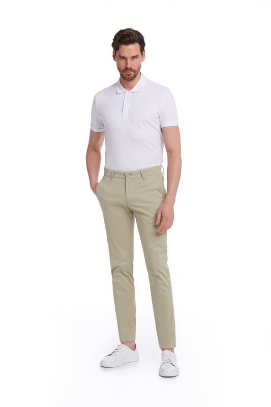 Khaki chino trousers with a slim fit and subtle creases.