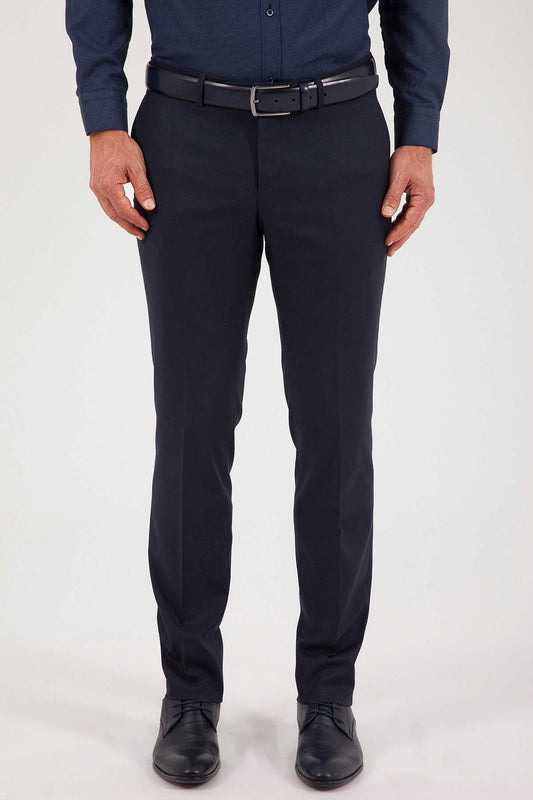Navy blue tailored dress pants with a sleek, straight-leg cut and subtle creasing along the front seams