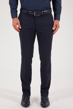 Dark navy blue formal trousers with a sleek, tailored fit and subtle creases.