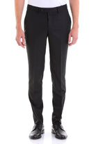 Black tailored men’s dress pants with a sleek, straight-leg cut and subtle creasing.