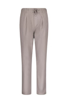 Beige pleated trousers with a drawstring waistband and subtle front pockets.