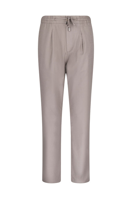 Beige pleated trousers with a drawstring waistband and subtle front pockets.