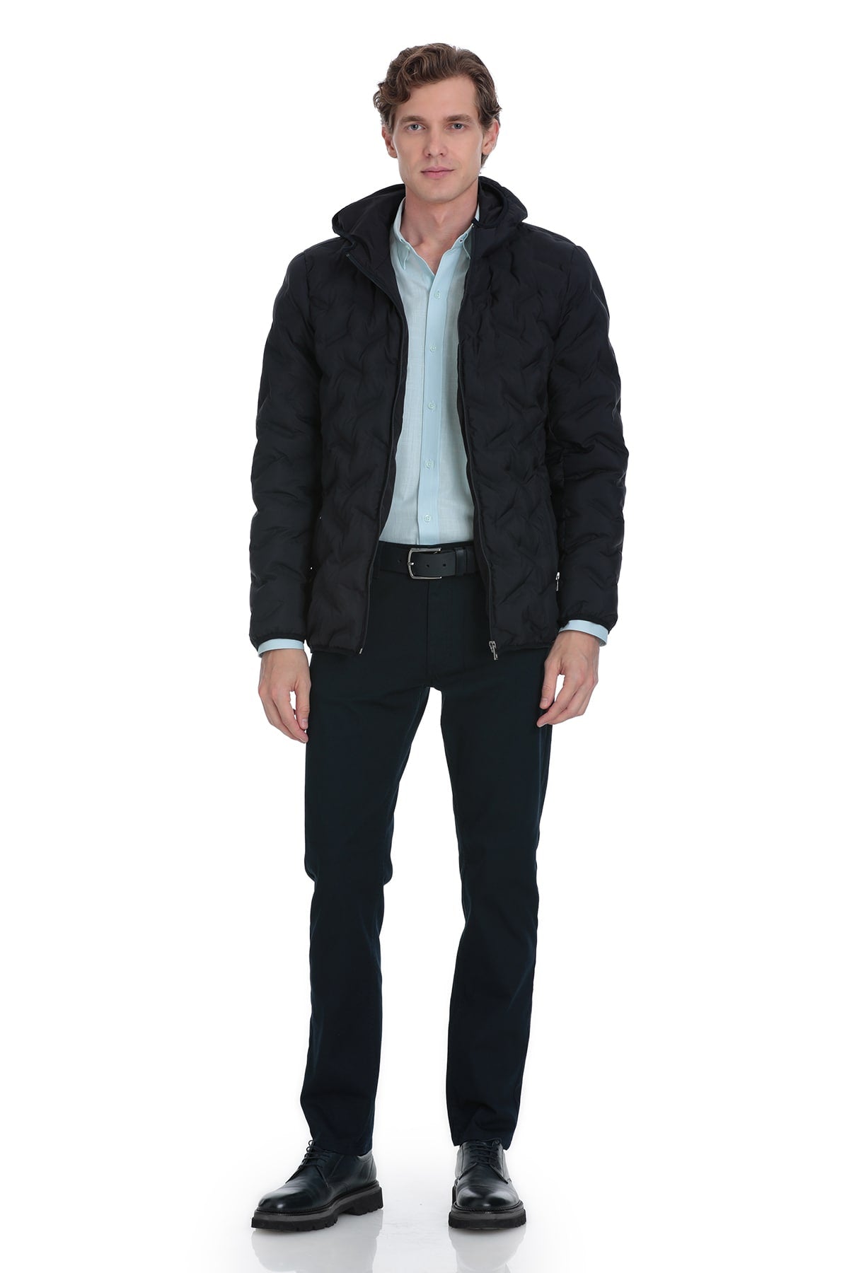 Black quilted puffer jacket with a hood and front zipper.