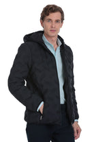 Black quilted hooded jacket with a sleek, modern design.