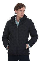 Black quilted hooded jacket with a subtle textured pattern and light blue inner lining.