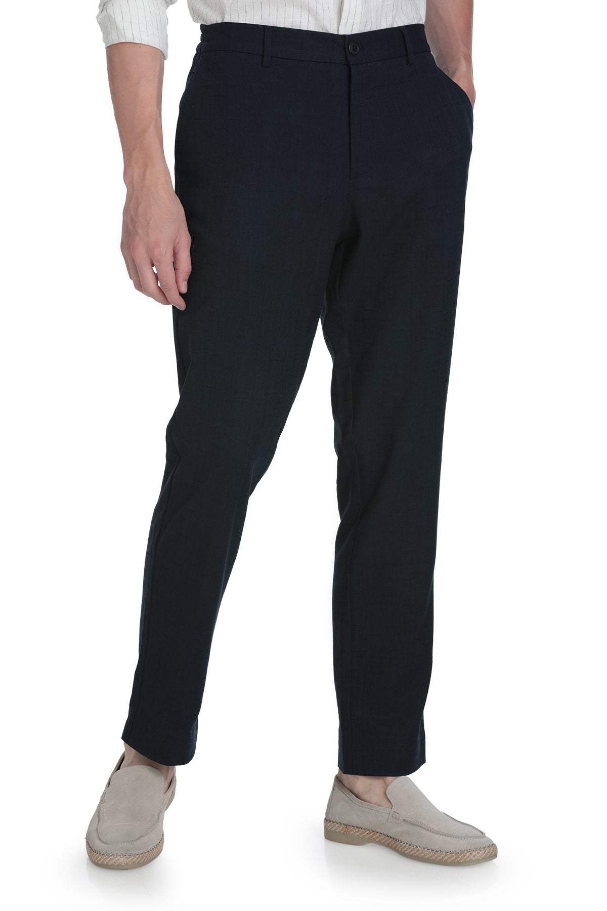 Black tailored trousers with sleek straight-leg cut and subtle creases for dynamic fit navy smart casual wear