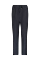 Dark navy blue, slim-fit jogger pants with an elastic waistband and drawstring.