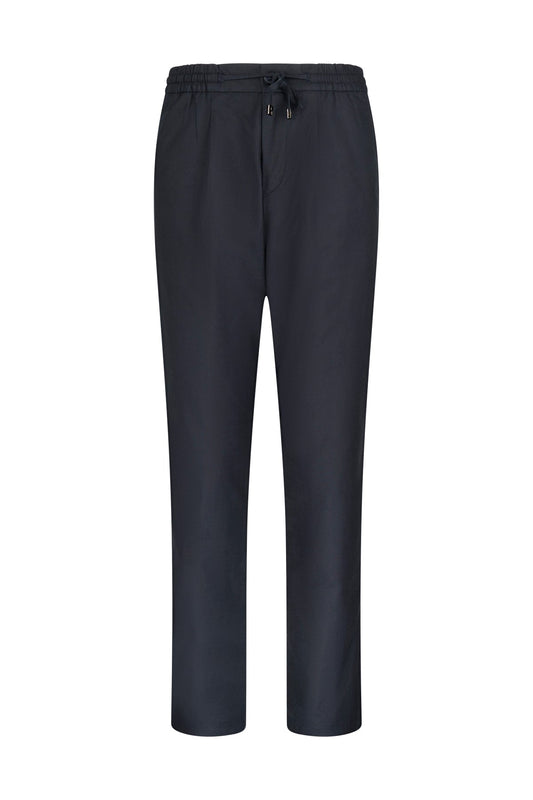 Dark navy blue, slim-fit jogger pants with an elastic waistband and drawstring.