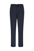 Dark navy blue tapered trousers with a drawstring waistband.