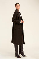 Black textured wool coat with subtle shimmering speckles.